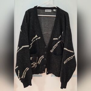 Members Only Black Patterned V-Neck Cardigan Sweater - Vintage